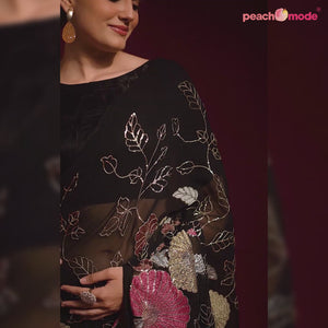 Black Floral Sequins Embroidered Georgette Saree