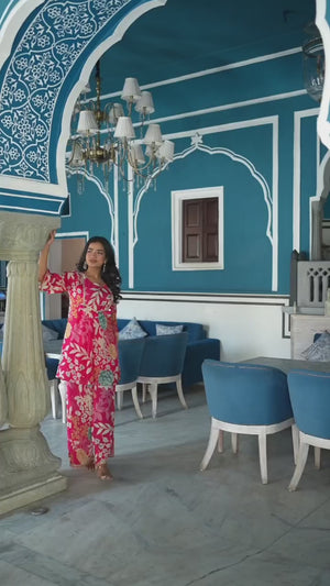 Pink Floral Printed Chinon Co-Ord Set With Shell Beads Work