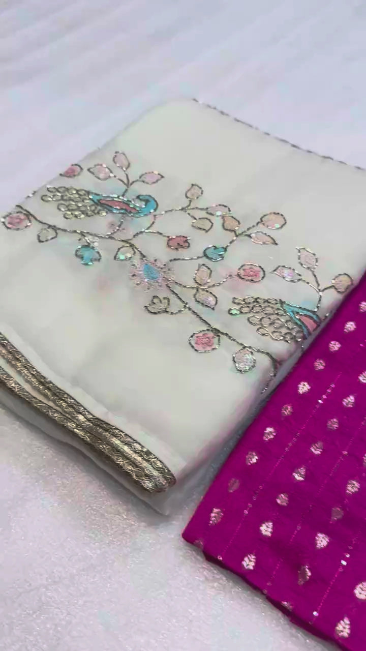 Peachmode White Georgette Saree with Peacock Handwork - Video 3