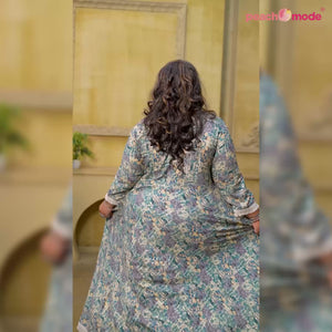 Green Floral Printed Rayon Long Kurti