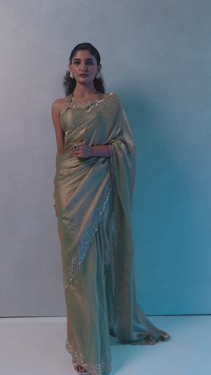 Pista Green Satin Saree with Glamorous Stone Embellishment