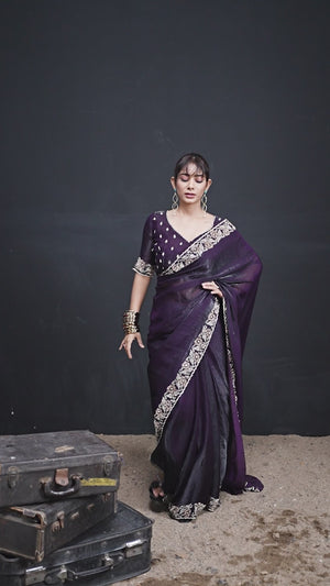 Luxurious Purple Solid Satin Silk Saree Adorned With Floral Stone Work Border