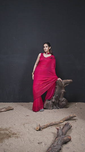 Opulent Cherry Red Stone Work Satin Silk Saree With Hand Cut Dana & Sequin Applic Work