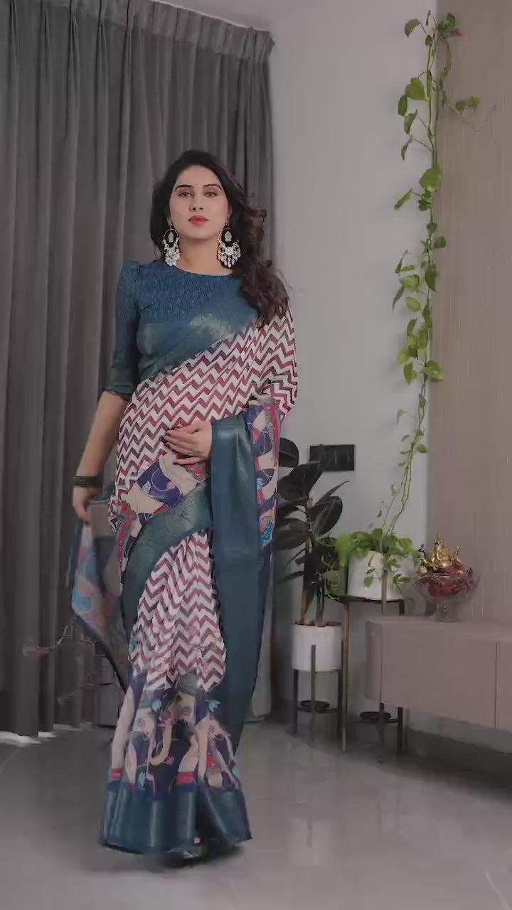 Peachmode Navy Blue Handloom Linen Cotton Floral Print Saree - Video 4