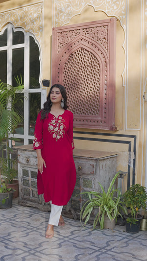 Red Floral Embroidered Viscose Rayon Straight Kurti