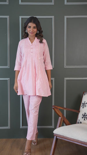 Light Pink A-Line Co-Ord Set In Pure Cotton with Delicate Sequin & Thread Embroidery