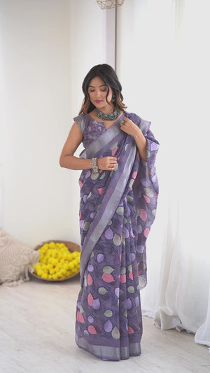 Lavender Linen Saree With Graceful All Over Leaf Pattern