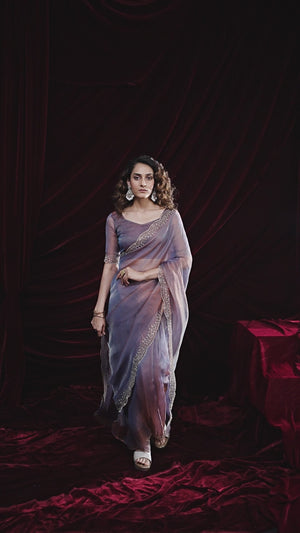 Glamorous Lavender Two Tone Satin Silk Saree Adorned With Beads & Stones Embellishment