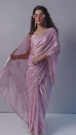 Designer Pink Satin Silk Saree Adorned with Foil & Stone Embellishments