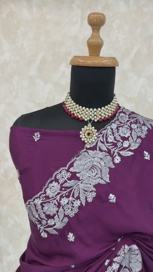 Ethereal Plum Purple Saree With Intricate Floral Zari Accents On Chinon Chiffon