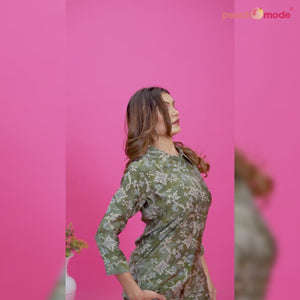 Bottle Green Floral Printed Chanderi Co Ord Set