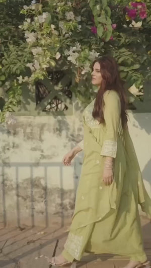 Green Cotton Anarkali Salwar Suit for Women with Floral Embroidery