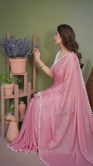 Rose Pink Zari Woven Satin Saree With Pompom Border