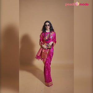 Pink Floral Woven Satin Saree With Tassels