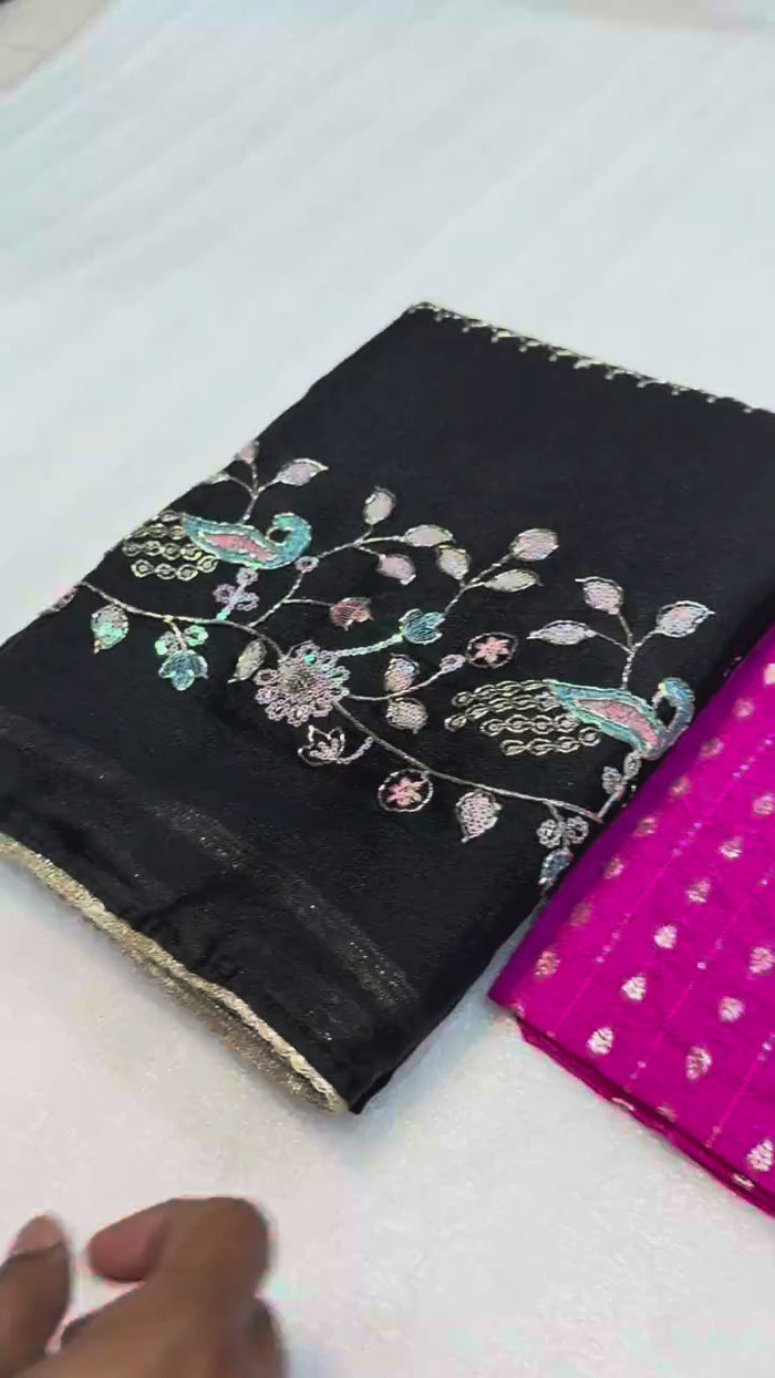 Peachmode Black Georgette Saree with Peacock Handwork - Video 2