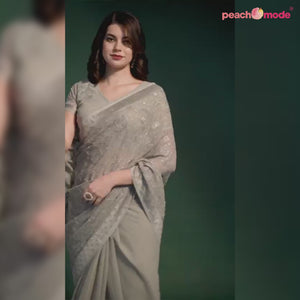 Grey Floral Embroidered Georgette Saree