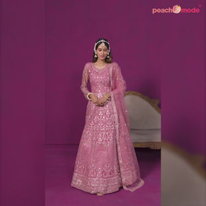 Pink Floral Embroidered Net Semi Stitched Anarkali Suit