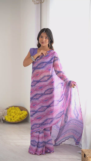 Lavender Georgette Saree Featuring Digital Print & Mirror Embroidery Border