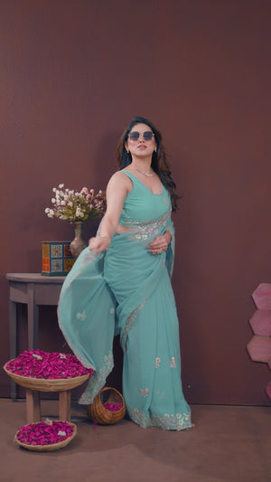 Blue Georgette Saree Featuring Intricate Floral Sequin Embroidery