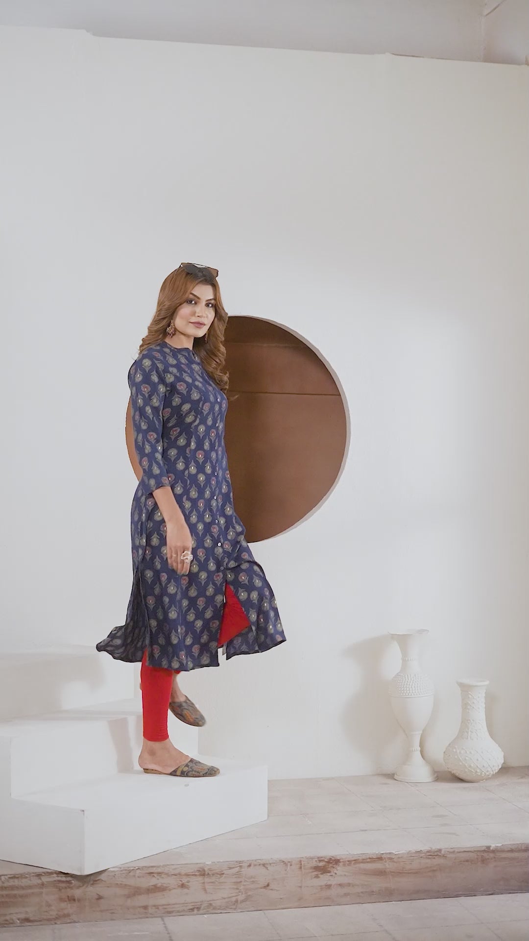 Navy Blue Floral Foil Printed Muslin Viscose Kurti