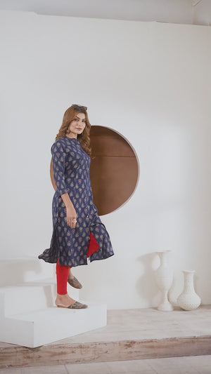 Navy Blue Floral Foil Printed Muslin Viscose Kurti