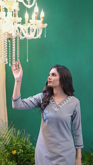Grey Yoke Embroidered Pure Cotton Straight Kurti
