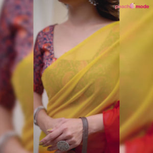 Red & Yellow Ombre Printed Georgette Ruffle Saree