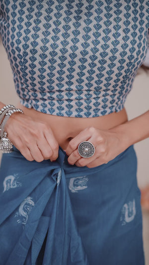 Blue Digital Printed Cotton Blend Ready To Wear Saree