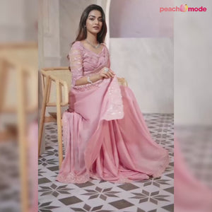 Dusty Pink Floral Sequins Embroidered Georgette Saree