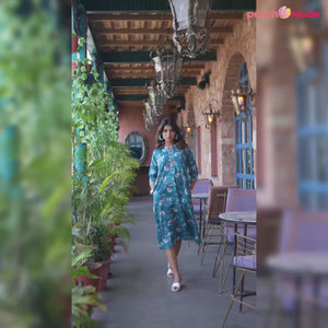 Turquoise Floral Foil Printed Giza Cotton A-Line Dress