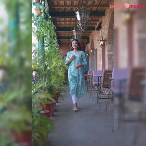 Blue Floral Foil Printed Mulmul Cotton Straight Kurti