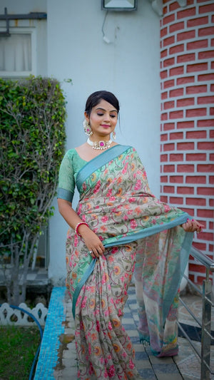 Beautiful Sage Green Tissue Handloom Saree with Detailed Digital Floral Embellishments