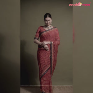 Red Foil Printed Georgette Saree With Embroidered Border