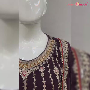 Wine Sequins Embroidered Georgette Semi Stitched Sharara Suit