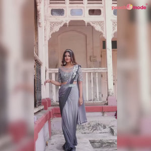 Grey Sequins Embroidered Ready To Wear Lycra Saree