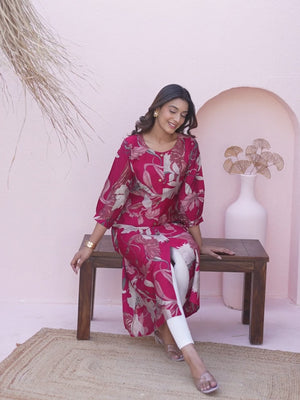 Rani Pink Floral Printed A-Line Kurti in Pure Cotton Fabric