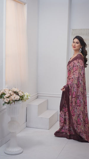 Maroon Moss Satin Saree With Blooming Floral Print Design