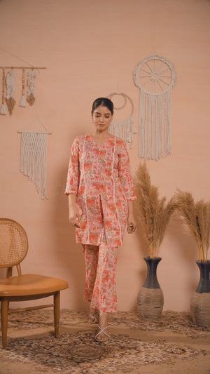 Peach Floral Printed Pure Cotton Co-ord Set