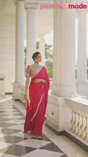 Crimson Red Mirror Embroidered Organza Saree