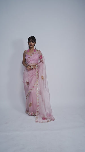 Pink Traditional Hand Printed Organza Tissue Saree With Fancy Hand Stone Embellished Work