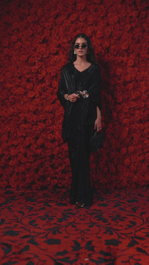 Designer Black Satin Silk Saree with Luxe Stone Accents