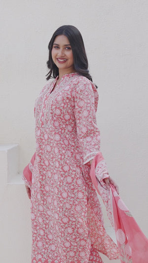Gajari Pink Pure Cotton Straight Salwar Suit Adorned With Delicate Floral Prints & Embroidery Work
