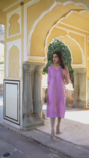 Lavender Floral Embroidered Rayon Straight Kurti