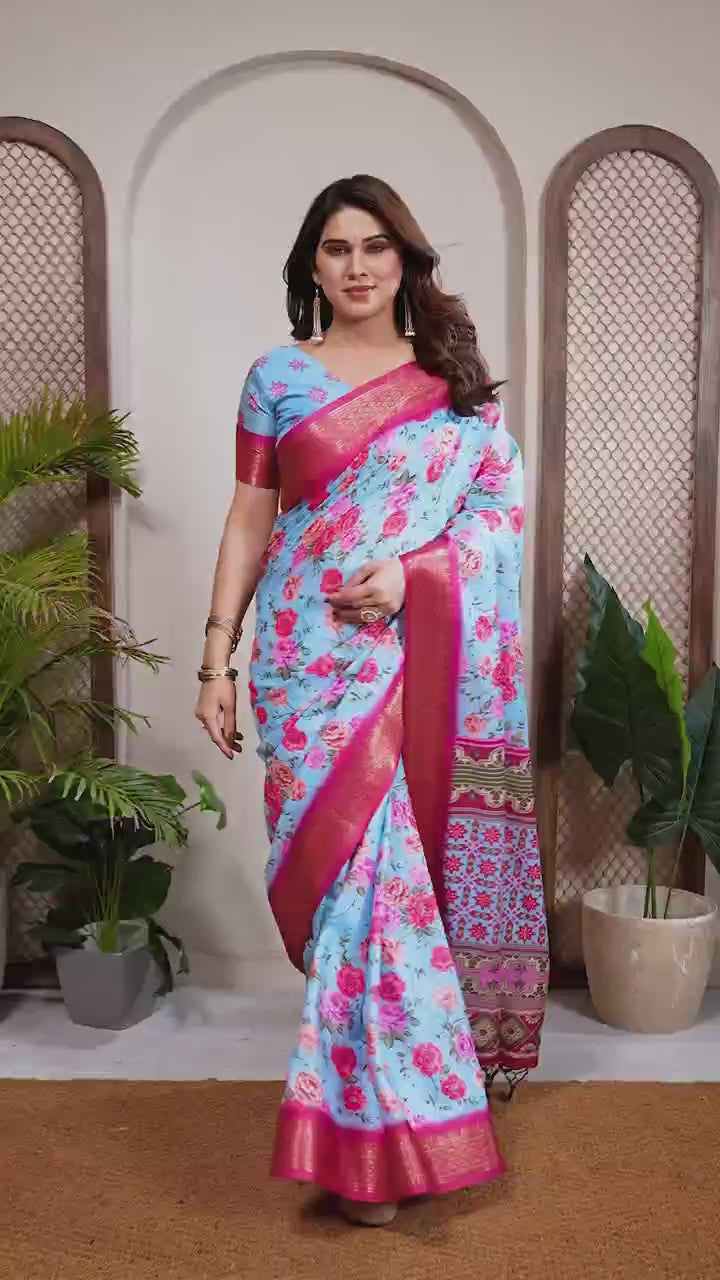 Peachmode Blue Cotton Silk Floral Print Saree with Zari Border - Video 4