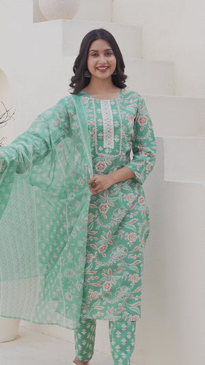 Sea Green Floral Printed With Embroidery Work Cotton Blend Straight Salwar Suit