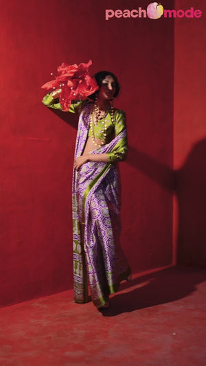 Classic Violet Saree with Timeless Ajrakh Designs on Satin Crepe