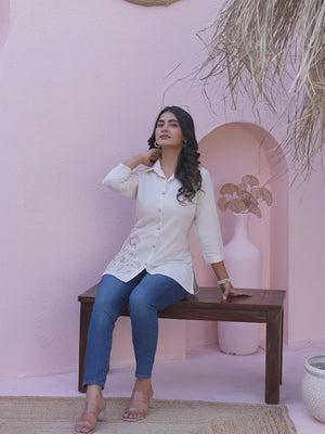 Cream Cotton Flex Straight Top with Elegant Floral Embroidery