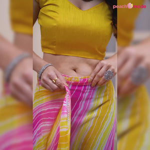 Yellow & Pink Printed Ready To Wear Georgette Saree