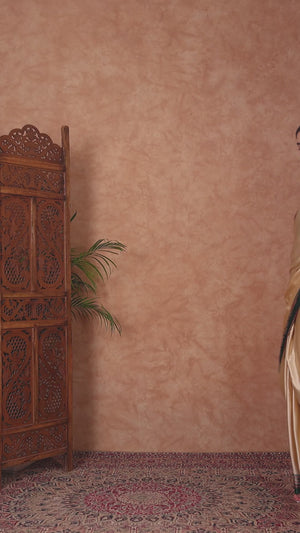 Cream & Green Modal Satin Saree Featuring a Solid Base and Artisanal Ajrakh Pallu