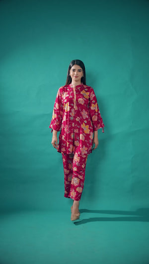 Red Floral Printed Muslin Straight Co-Ord Set